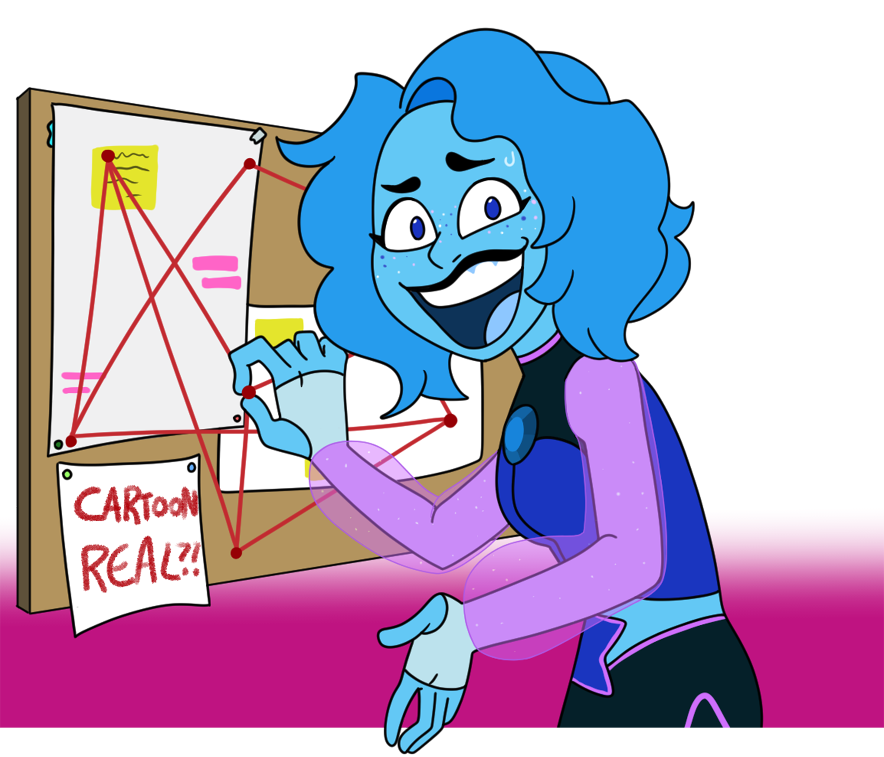 Blue Topaz excitedly piecing together cartoon clues