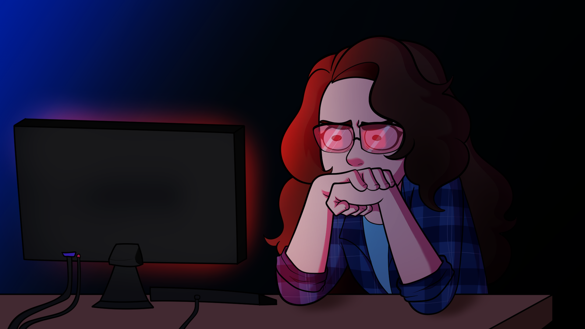 Cartoon Lea thinking at her computer